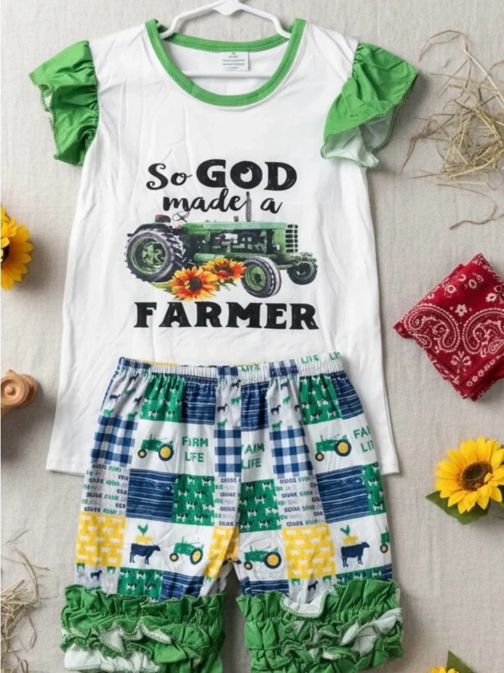 So God Made A Farmer Tee & Ruffle Short Set - White & Green